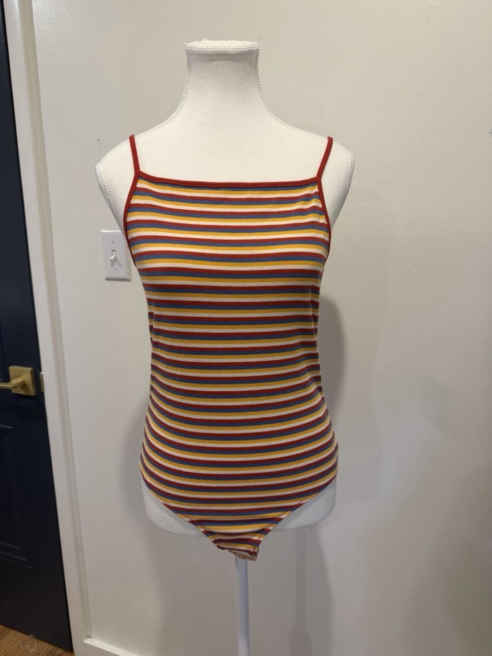 Madewell Striped Ribbed Spaghetti Strap Cami Bodysuit Retro NEW L